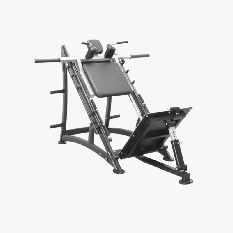 FFITTECH Hack Squat PL689 – plate-loaded Hack-Squat-Maschine mit geneigter Trainingsposition, Fußplatte, Schulterpolstern und Hantelscheibenaufnahmen
