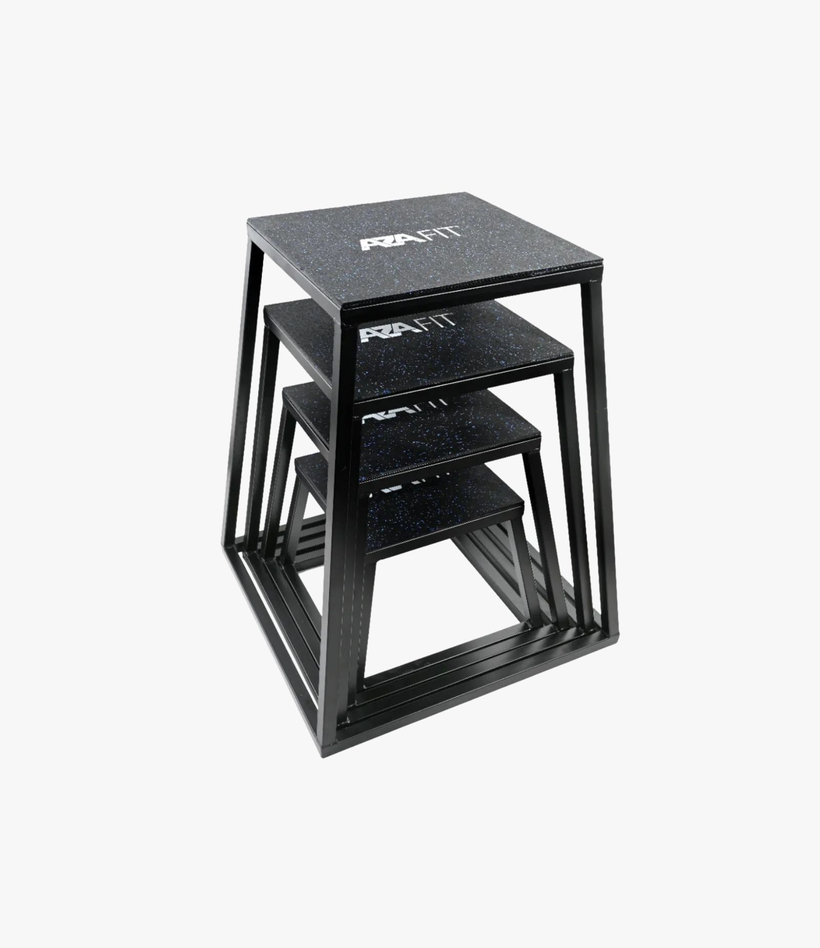 Aza Fit Plyobox Pack PBOXPACK – schwarzes Set aus vier Stahl-Plyoboxen mit Gummibasis in 30 cm, 45 cm, 60 cm und 75 cm Höhe